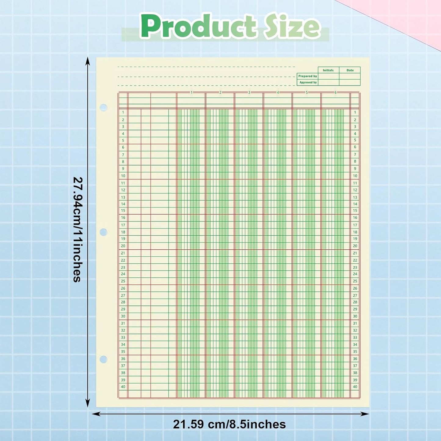 Fulmoon 5 Pack 250 Sheets Ledger Paper Accounting Columnar Pads 3 Hole Analysis Accounting Ledger Book for Business, 50 Sheets/Pack, Single Page Format, Green(8.5 x 11 Inch,6 Columnar)