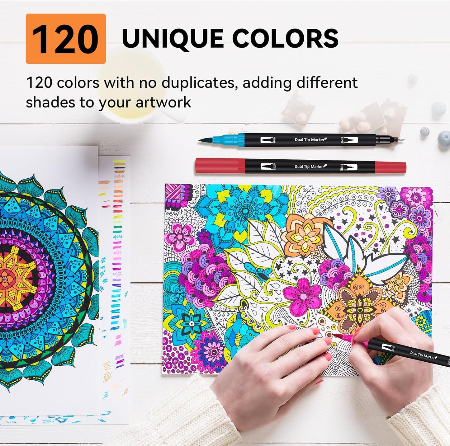 Dual Markers Brush Pens for Adult Kids Coloring Books,120 Colors Art Marker Set with Fine & Brush Tip Pen for Bullet Journaling, Coloring, Drawing, Hand Lettering, Calligraphy, Art Supplies