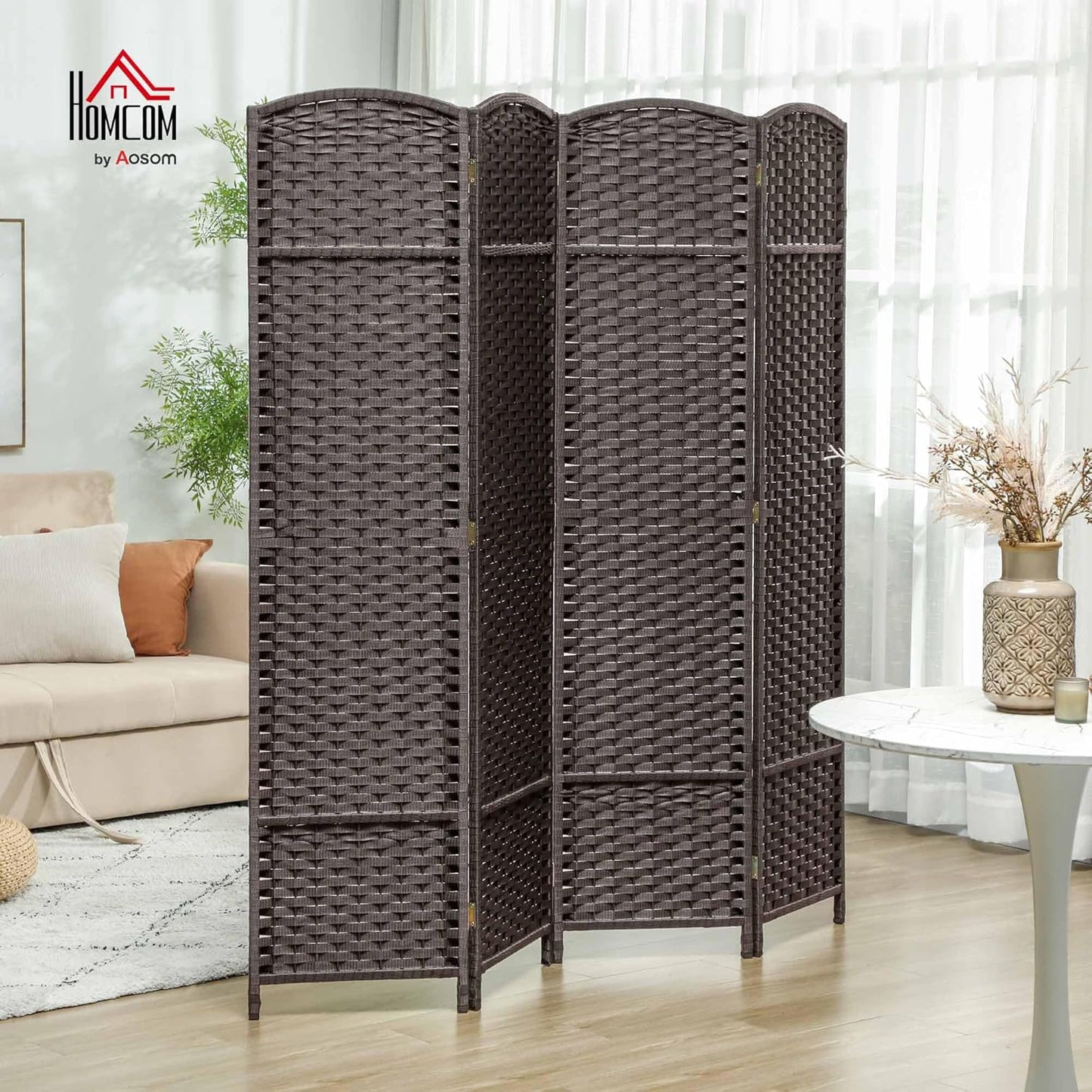 HOMCOM Room Divider, 4 Panel Folding Privacy Screen, 5.6' Tall Freestanding Wall Partition for Home Office, Bedroom, Brown