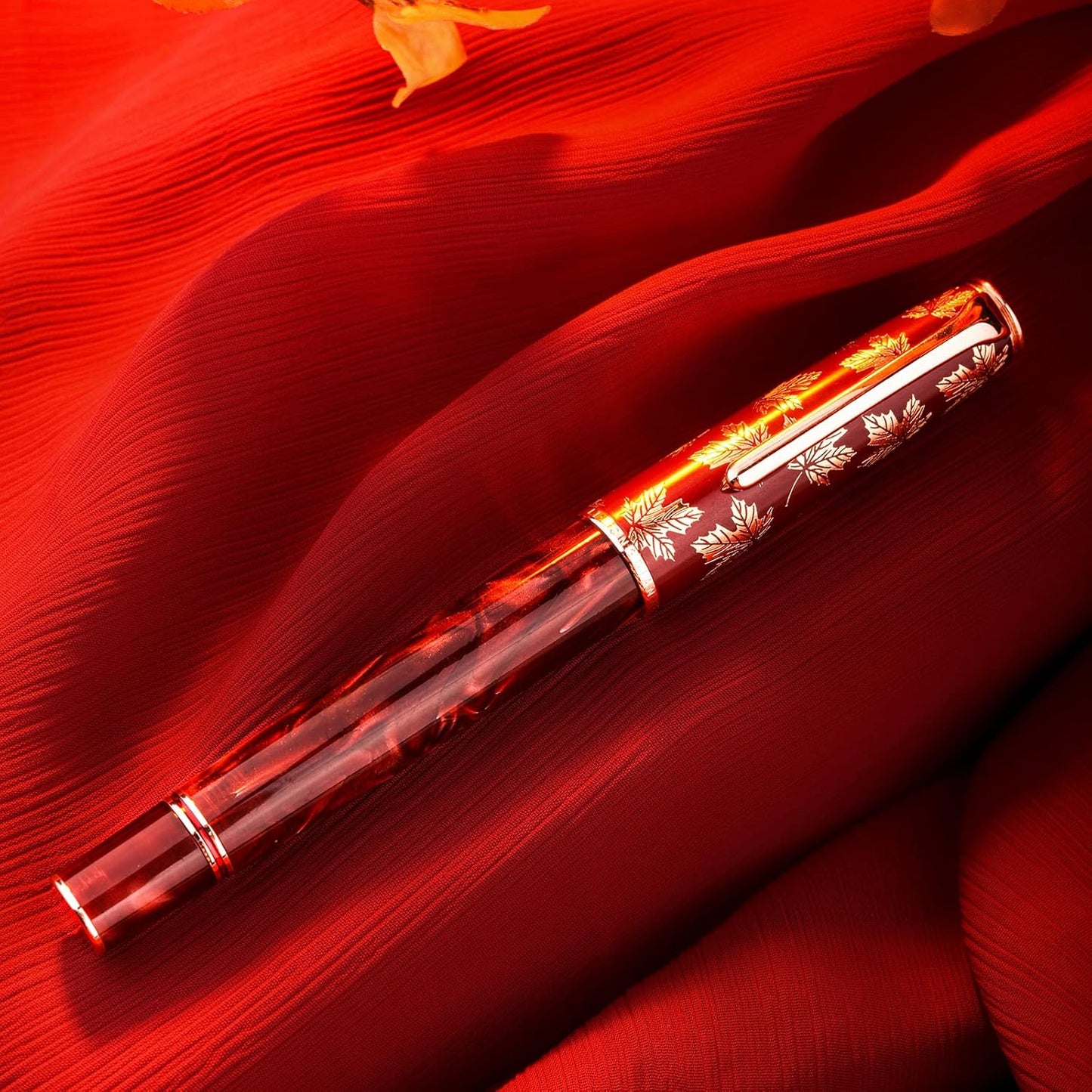 Hongdian N8 Red Acrylic Resin Fountain Pen, Iridium Extra Fine Nib Rose Gold Trim Maple Leaf Carving Cap, Smooth Writing Pen with Converter and Metal Pen Box Set