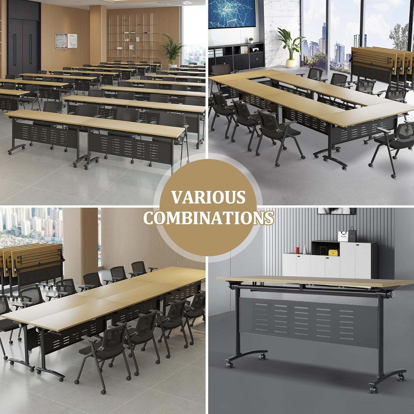Folding Conference Table, Maple Brown Folding Conference Room Table with One-Touch Fold Button & 360° Swivel Casters, Space-Saving Mobile Meeting Table for Offices, Training Rooms(4PCS)