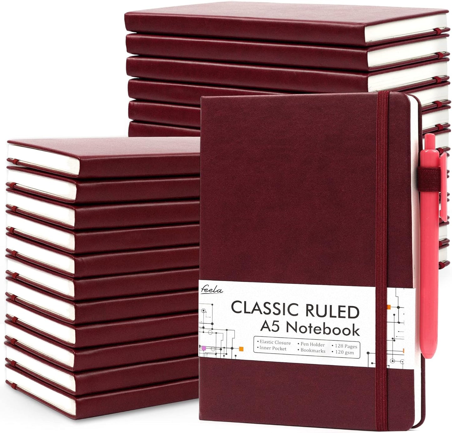 feela 24 Pack Journal Notebook for Work, Business Notebook Bulk Hardcover Lined Writing Journal with Pen Holder for Men Women Note Taking, with 24 Black Pens, 120 GSM, 5.1”x8.3”, A5, Wine