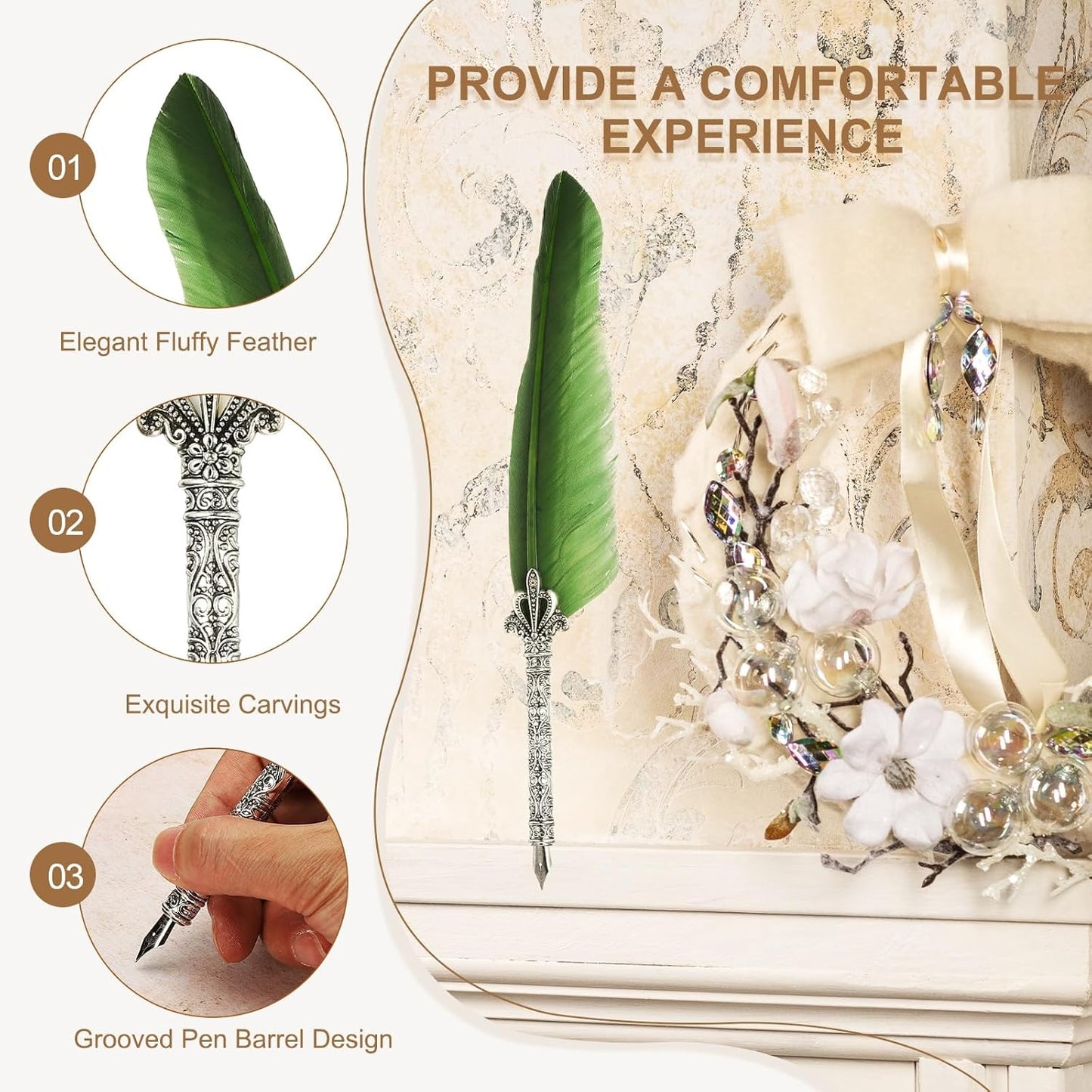 PATIKIL 26.5cm/10.4" Calligraphy Feather Quill Pen, Vintage Feather Dip Pen with 5 Replacement Nibs for Calligraphy Writing Wedding Office Gifts, Dark Green