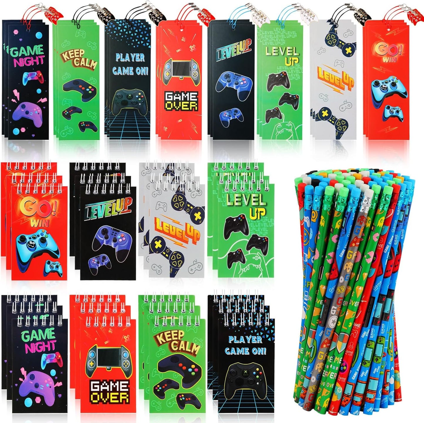 Kolewo4ever 148 Pieces Video Game Theme Stationery Set:100 Pcs Video Game Pencils 24 Pcs Game Pattern Mini Spiral Notepad Memo Pad 24 Pcs Game Metal Charms Bookmarks (Video Game)