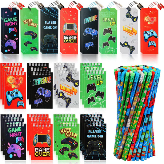 Kolewo4ever 148 Pieces Video Game Theme Stationery Set:100 Pcs Video Game Pencils 24 Pcs Game Pattern Mini Spiral Notepad Memo Pad 24 Pcs Game Metal Charms Bookmarks (Video Game)