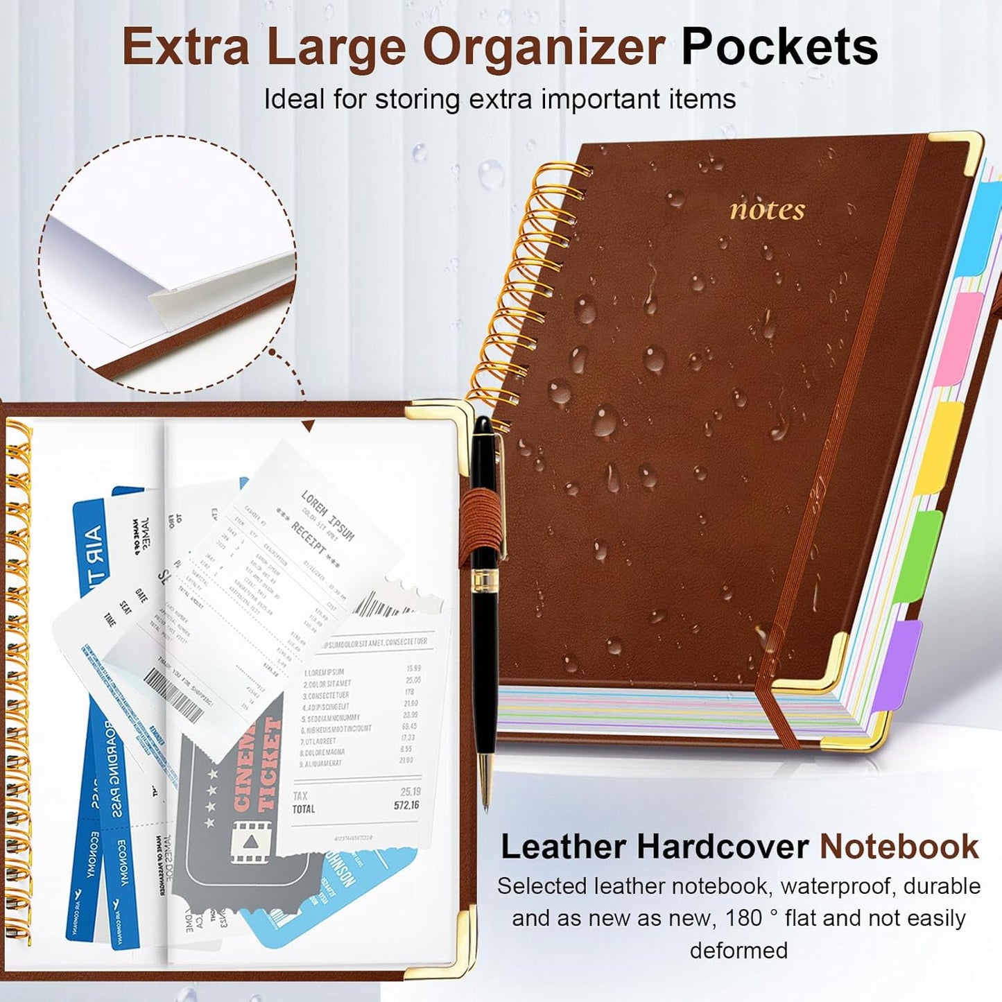 Hardcover Spiral Notebook 8"x10" Journal Notebook with Tabs and Removable Dividers 300 Pages 5 Subject Notebook College Ruled, Faux Leather Spiral Bound Notebook for Women, Students, School Work (Brown)