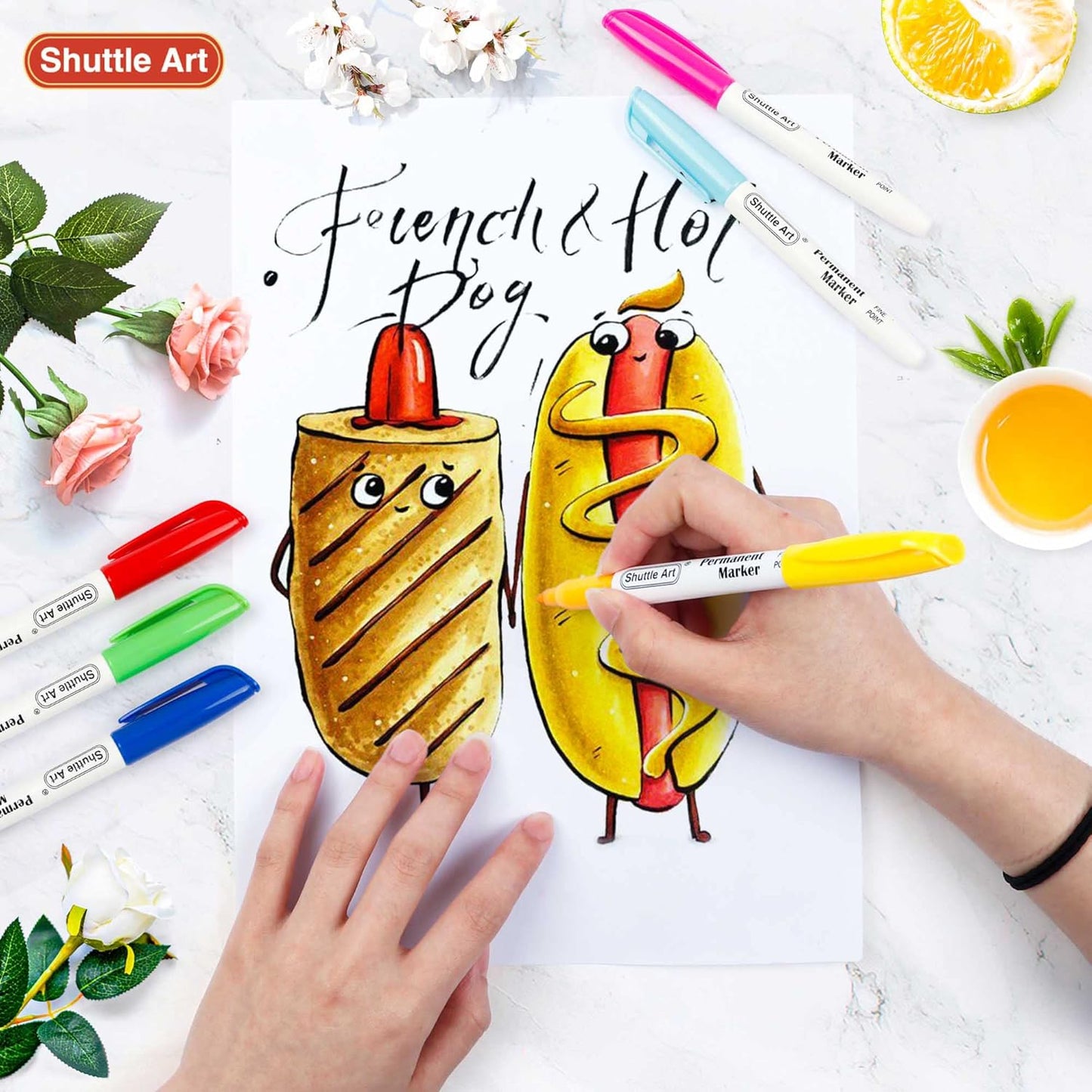 Shuttle Art 60 Colors Permanent Markers, Fine Point, Assorted Colors, Works on Plastic,Wood,Stone,Metal and Glass for Doodling, Coloring, Marking