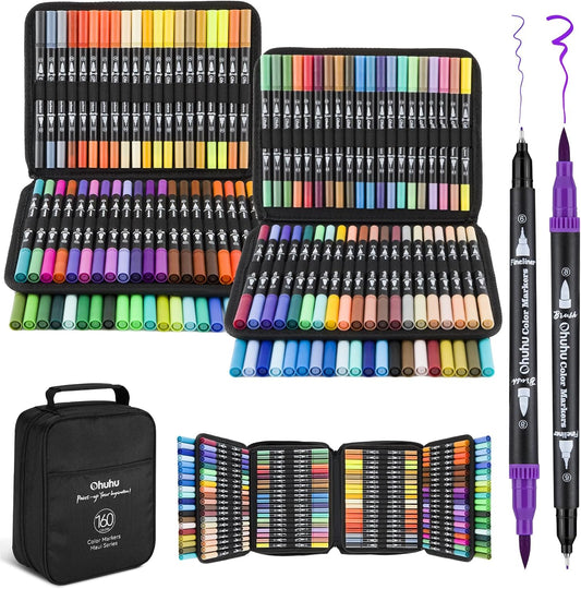 Ohuhu Markers for Adult Coloring Books No Bleeding 160 Colors Water-based Dual Tips Fineliner & Brush Coloring Markers for Kids Adults Beginners Drawing Pens for Journaling Lettering - Maui - Black