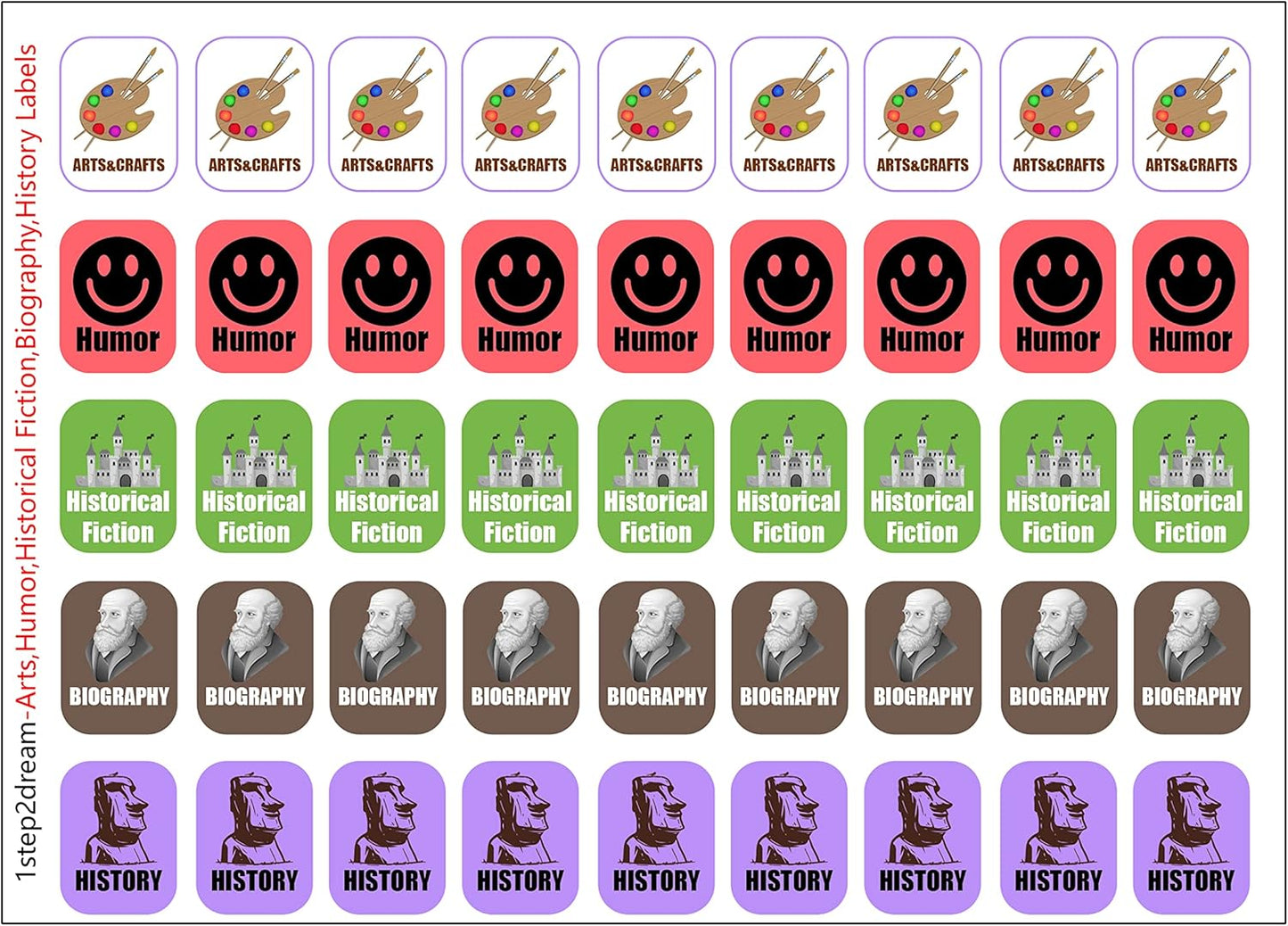 Genre Book Spine Labels for Library | Classroom Library Classification Stickers 450pcs | Arts,Humor,Historical Fiction,Biography,History