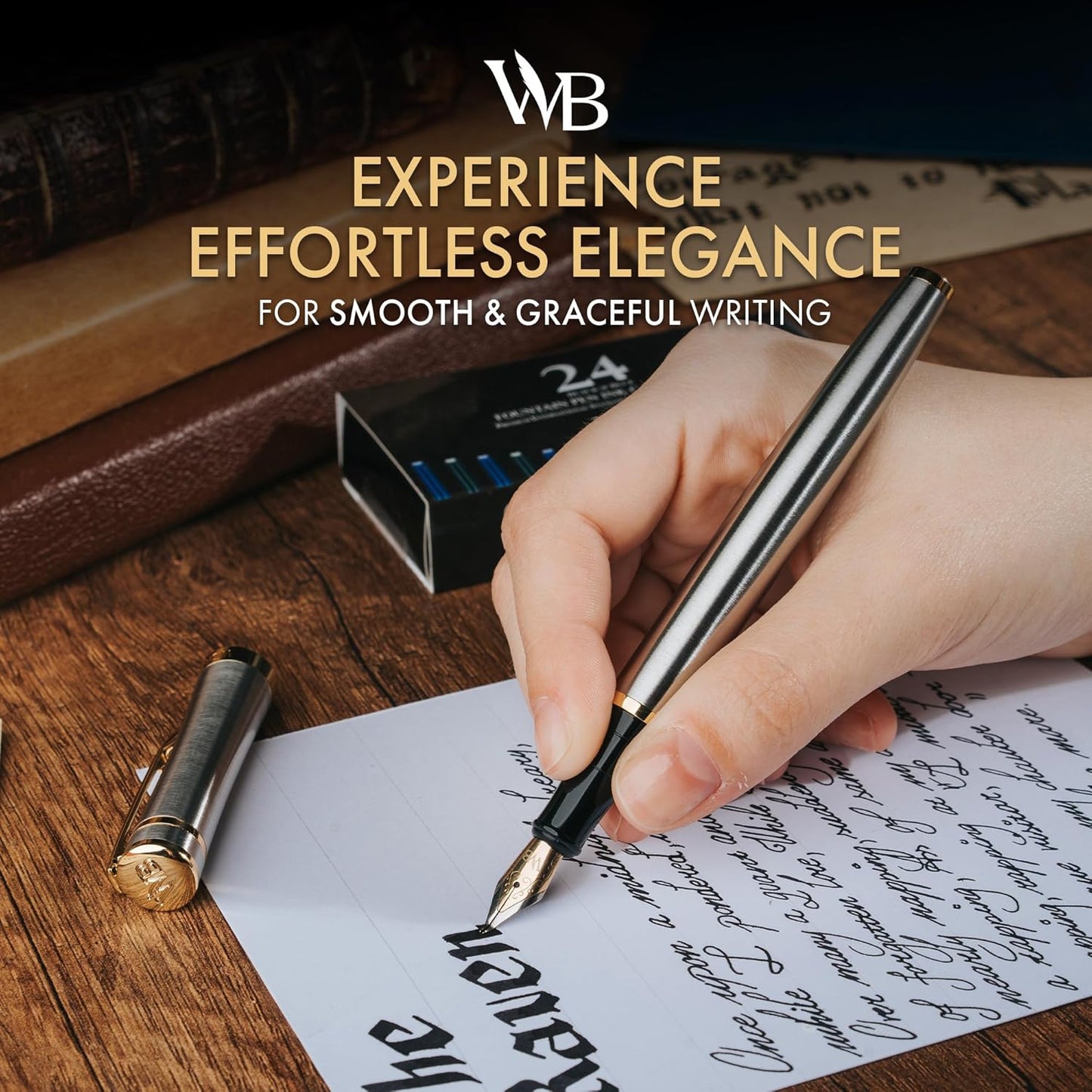 Wordsworth & Black Fountain Pen Set, 18K Gilded Bent Nib, Includes 24 Pack Ink Cartridges, Ink Refill Converter & Gift Box, Gold Finish, Calligraphy, [Silver Gold], Perfect for Men & Women