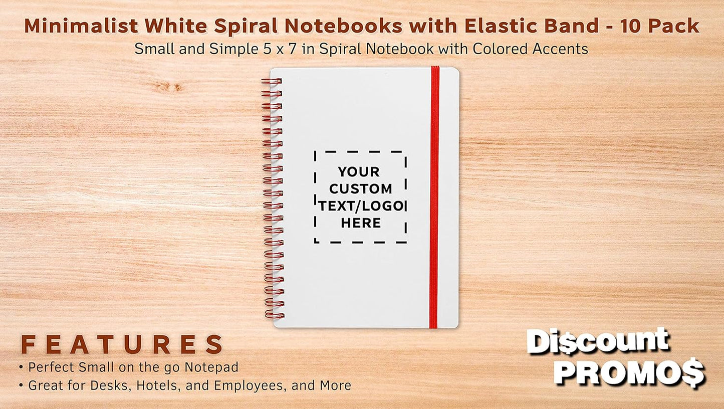 10 White Spiral Notebooks with Elastic Band Pack - Customizable Text, Logo - 80 lined pages, Recycled - Red