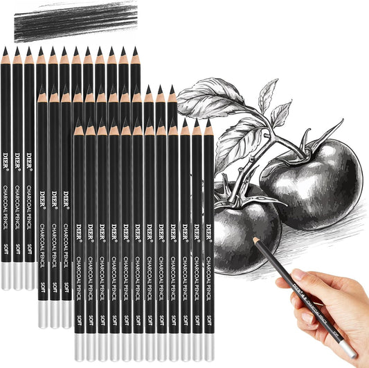 Geyoga 36 Pcs Professional Charcoal Pencils Soft, Medium and Hard for Drawing Charcoal Pencils for Sketching Shading Drawing Blending Portrait(Black, Soft)