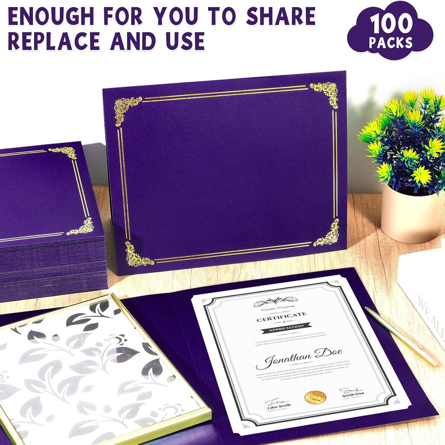gisgfim 100Pcs Certificate Holders Diploma Covers Single Sided Gold Foil Border Award Certificate Covers for Letter Size 8.5x11 Certificates Cardstock Document Papers Storage Organizer (Purple)