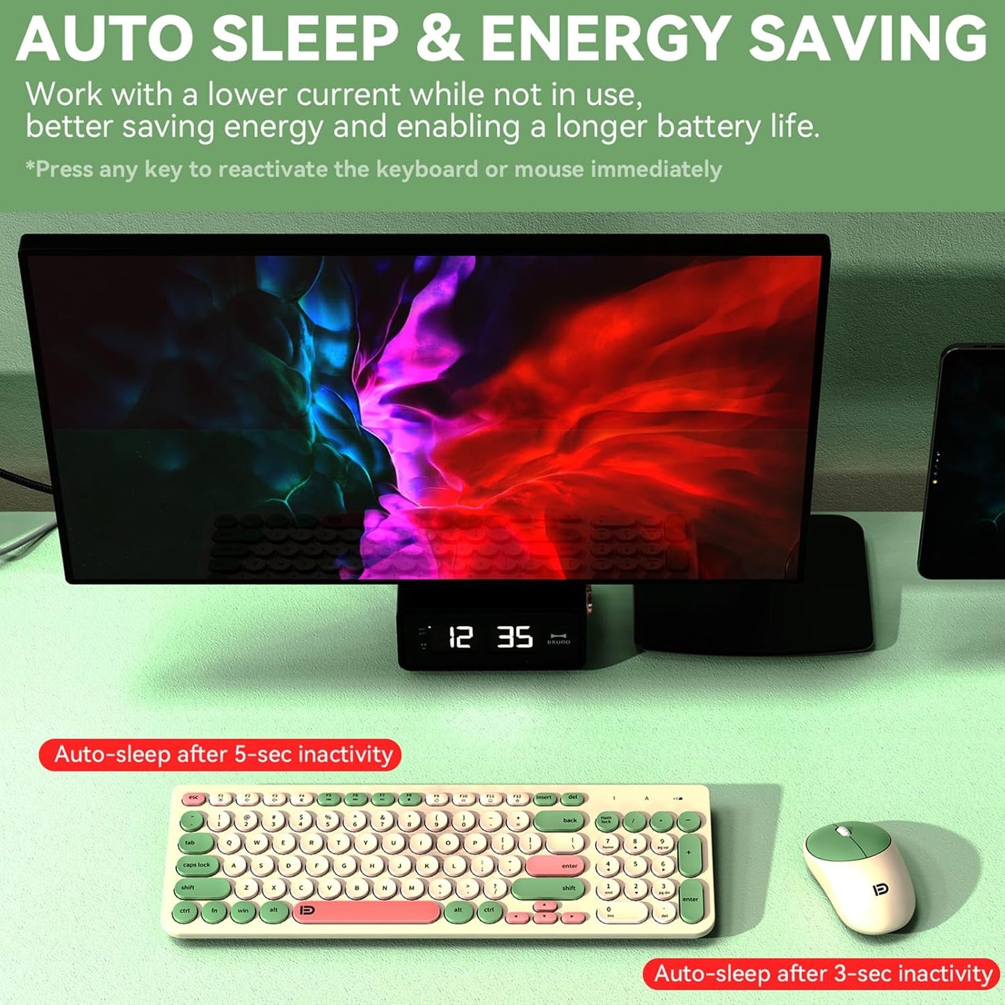 FD Wireless Keyboards and Mouse Combo - 2.4GHz USB Cordless, Cute Wireless Keyboard Round Keys, Quiet and Slim Set for Laptop, Computer, TV and Mac - Milky White Green Colorful