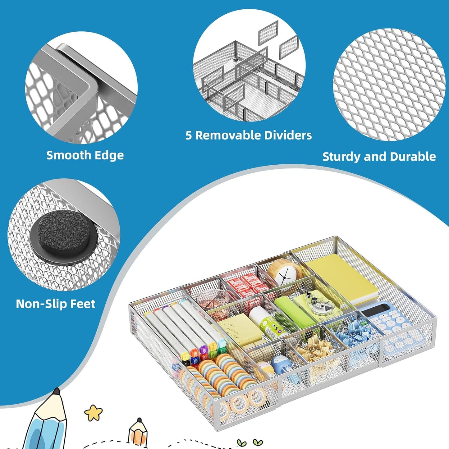 Marbrasse Expandable Desk Drawer Organizer, Mesh Tray with 10 Adjustable Compartments, Desk Organizers for Office Supplies, Makeup & Vanity (Expandable-Silver)