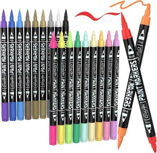 20 Colors Acrylic Paint Pens, Water-based Paint Markers for Wood,Canvas, Glass, Ceramic, Roch Painting,DIY Crafts, Art Supplier (20 Corlors(Brush and Fine Nib))