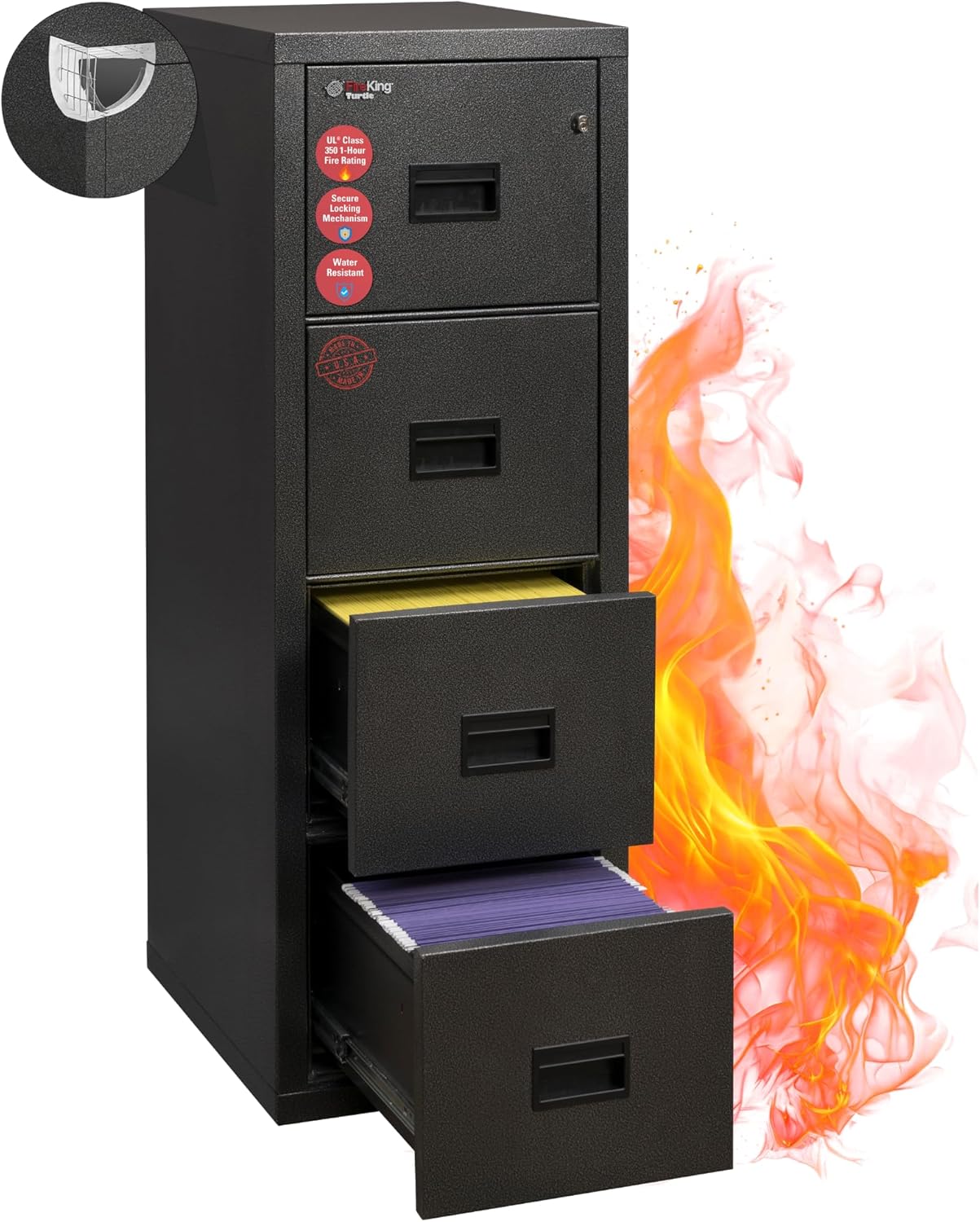 FireKing Turtle Vertical 4 Drawer Legal and Letter Fire Safe File Cabinet with Key Lock, 1 Hour Fire Rated, UL Rated & Water Resistant Home Safe, Filing Cabinet, Made in The USA, Black