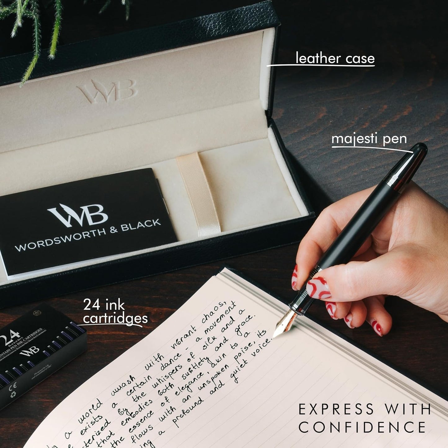 Wordsworth & Black Majesti Fountain Pen-(Black), Luxury Case, 24K Gold Finish; 18K Gilded Medium Nib- Ink Cartridges, Refillable Ink Converter-Calligraphy Pen-Best Business Gift Set for Men & Women