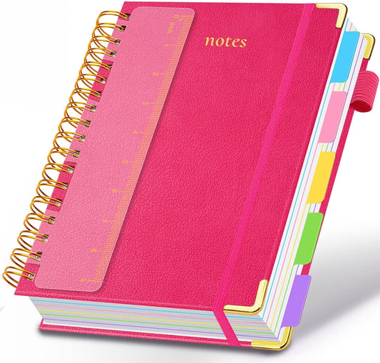 Hardcover Spiral Notebook 8"x10" Journal Notebook with Tabs and Removable Dividers 300 Pages 5 Subject Notebook College Ruled, Faux Leather Spiral Bound Notebook for Women, Students, School Work (Rose Red)