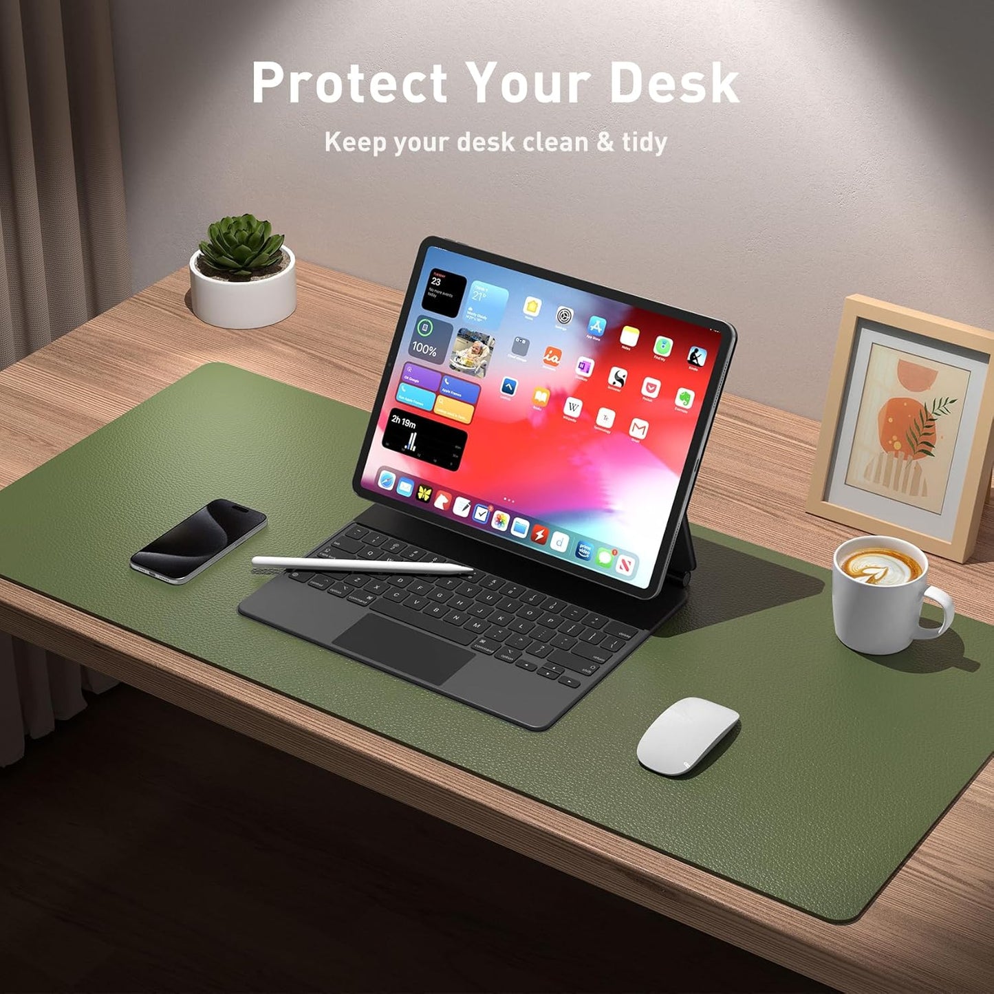 Aothia Leather Desk Pad Protector, Mouse Pad, Office Desk Mat, Non-Slip PU Leather Desk Blotter, Laptop Desk Pad, Waterproof Desk Writing Pad for Office and Home (23.6" x 13.7", Olive Green)