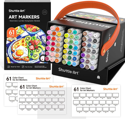 Shuttle Art 61 Colors Alcohol Markers, 60 Colors Dual Tip Art Marker Set Plus 1 Colorless Blender with Marker Case Perfect for Illustration Students Adult Coloring Sketching