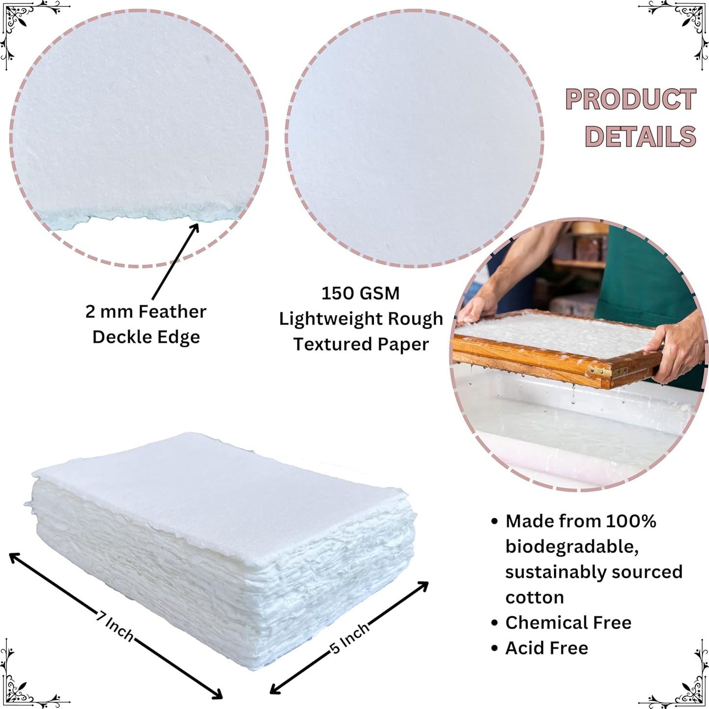 Handmade Deckle Edge Blank Paper - Mixed Media Loose Leaf Paper for Postcards, Invitations, Crafts and Announcements - White Color - Package of 50 - Thick 150 GSM - 5 x 7