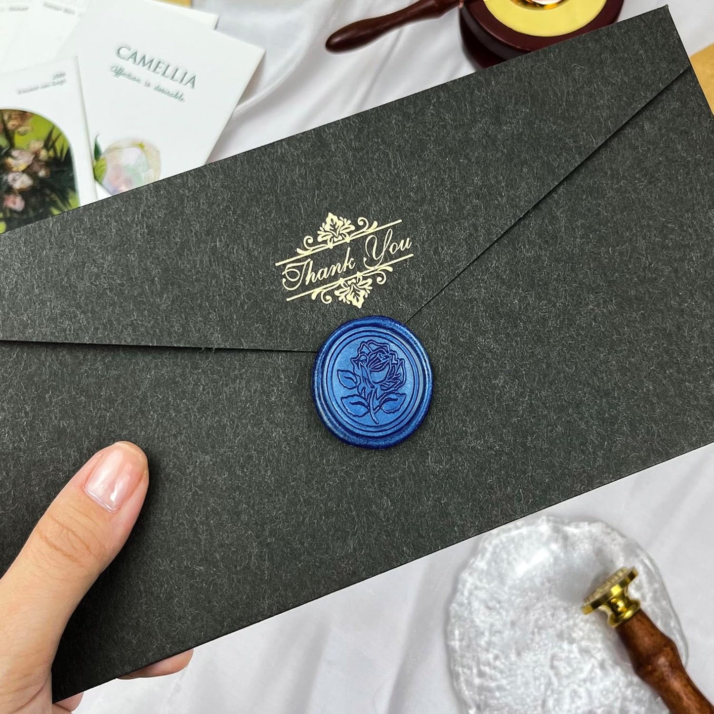 100Pcs Wax Seal Stickers Handmade Envelope Seals Self Adhesive Wax Stickers for Wedding Party Invitations, Envelope, Gift Wrap, Christmas(Rose Style, Blue)