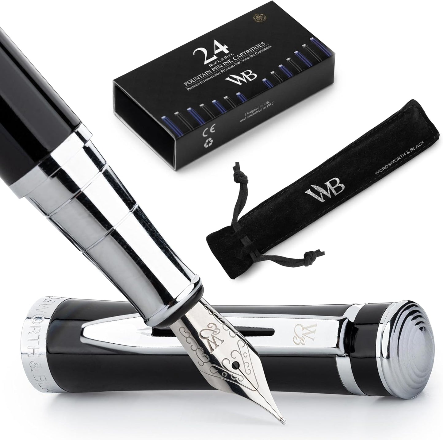 Wordsworth & Black Fountain Pen Set, Medium Nib, Includes 24 Pack Ink Cartridges, Ink Refill Converter & Gift Pouch, Chrome Finish, Calligraphy, [Black Chrome], Perfect for Men & Women