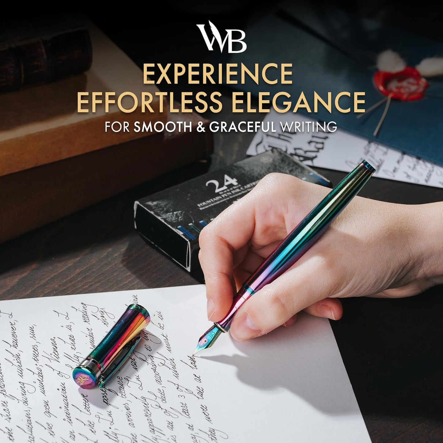 Wordsworth & Black Fountain Pen Set, 18K Gilded Medium Nib, Includes 24 Pack Ink Cartridges, Ink Refill Converter & Gift Box, Gold Finish, Calligraphy, [Rainbow], Perfect for Men & Women