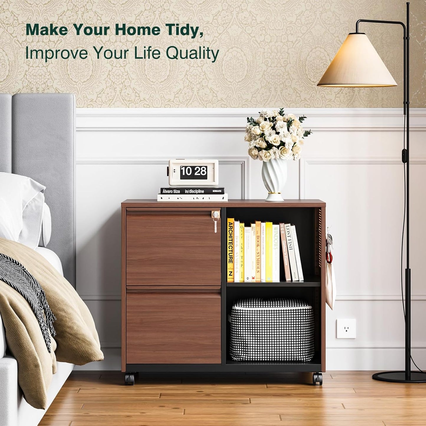 2 Drawer Mobile File Cabinet,Metal File Cabinet with Lock，Lateral Printer Stand Filling Storage Cabinet for Home Office-A4/F4/Letter（Wood