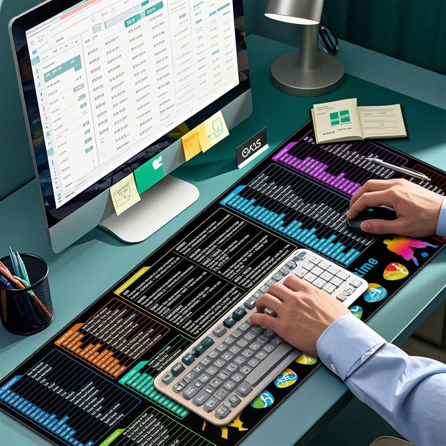 JIALONG Excel Mouse Pad Shortcuts - Excel Formulas Cheat Sheet Desk Pad, Anti-Slip Large Desk Mat with Durable Stitched Edges, Big Excel Keyboard Mat for Office, Gaming, and Home