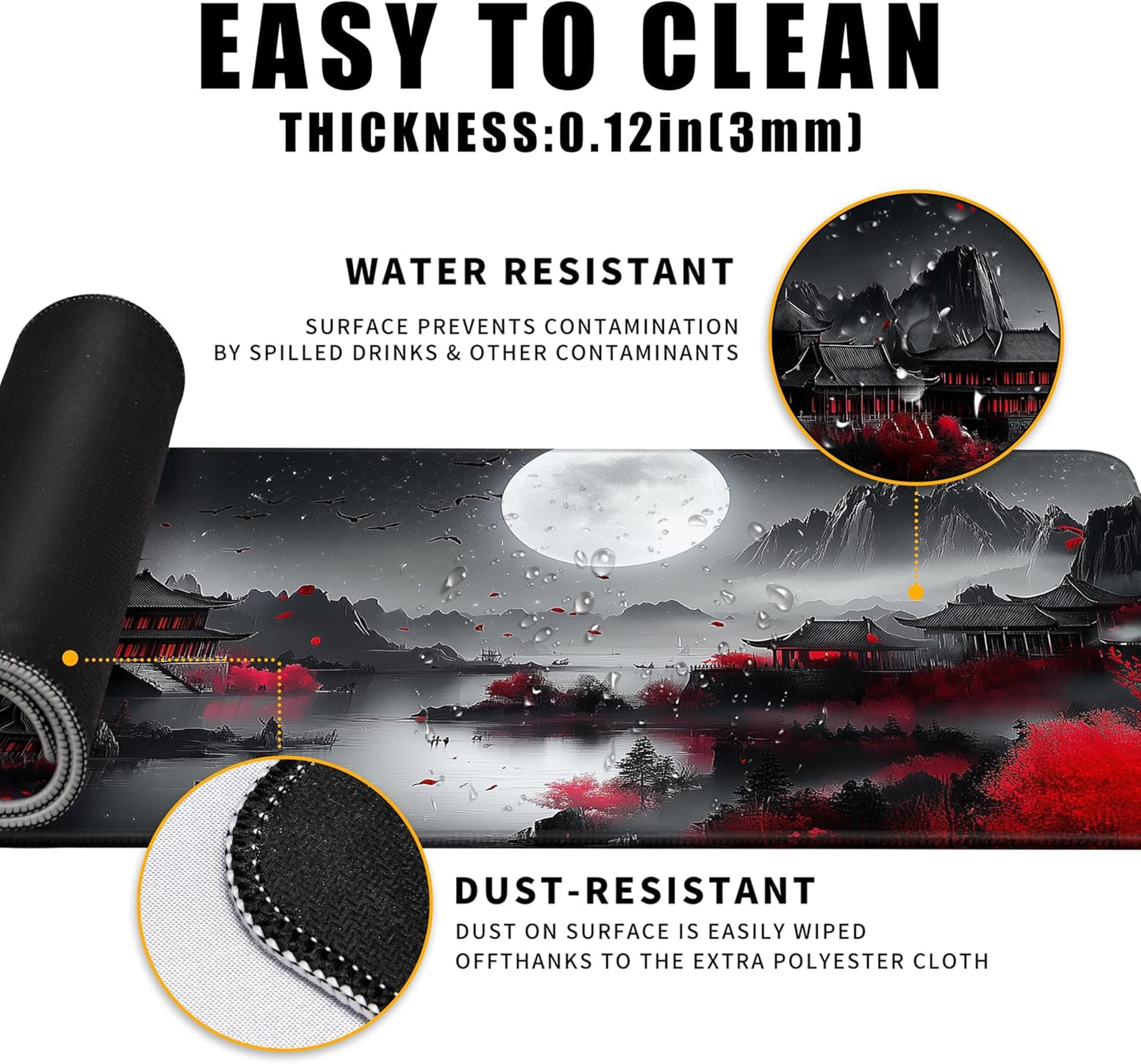 Japanese Desk Mat Riverside Full Moon Large Mouse Pad Gaming Mousepad Extended XL Keyboard Mat Computer Laptop Mouse Desktop Mat 31.5 X 11.8 Desk Decor