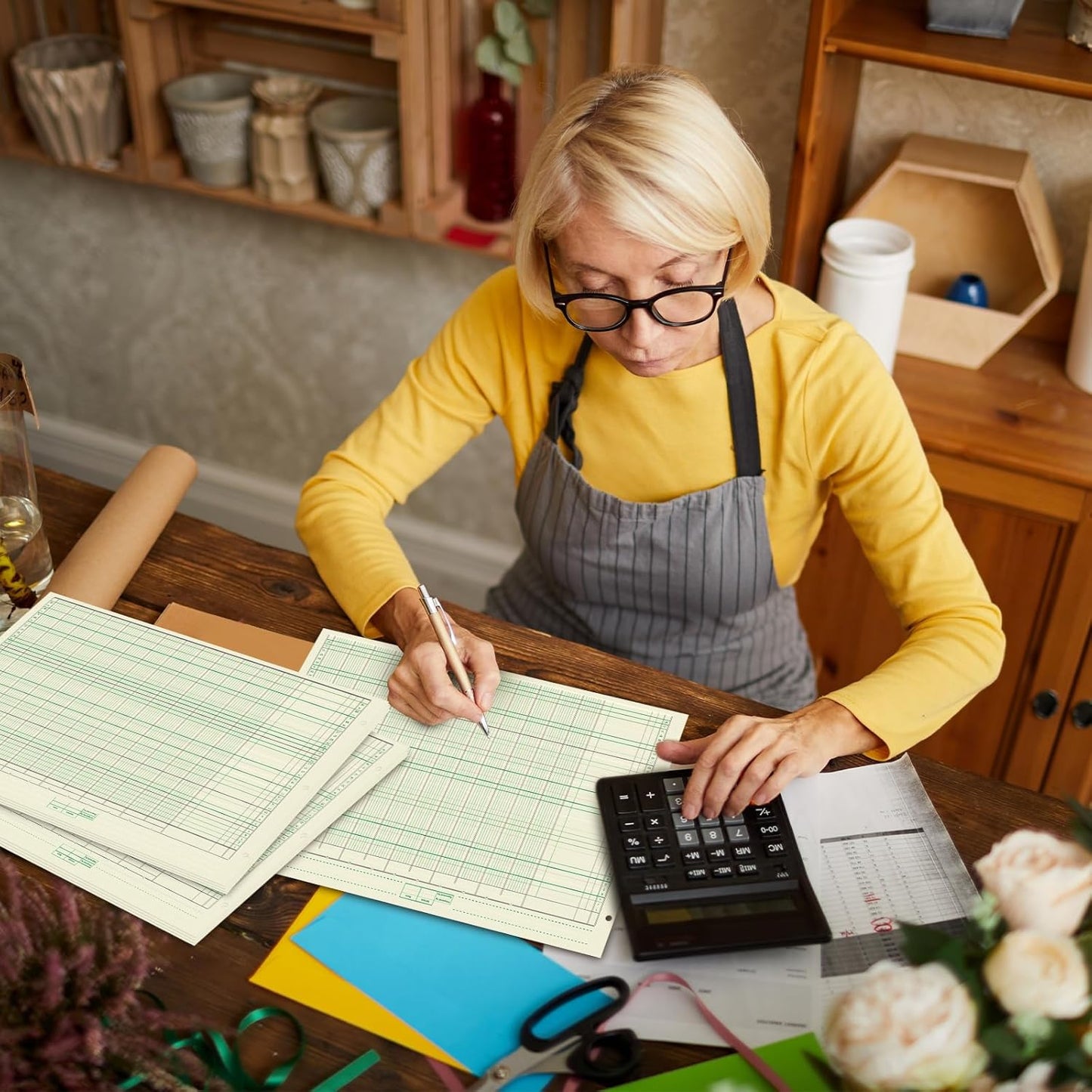 Fulmoon 5 Pack 250 Sheets Ledger Paper Accounting Columnar Pads 3 Hole Analysis Accounting Ledger Book for Business, 50 Sheets/Pack, Single Page Format, Green(16.375 x 11 Inch,13 Columnar)