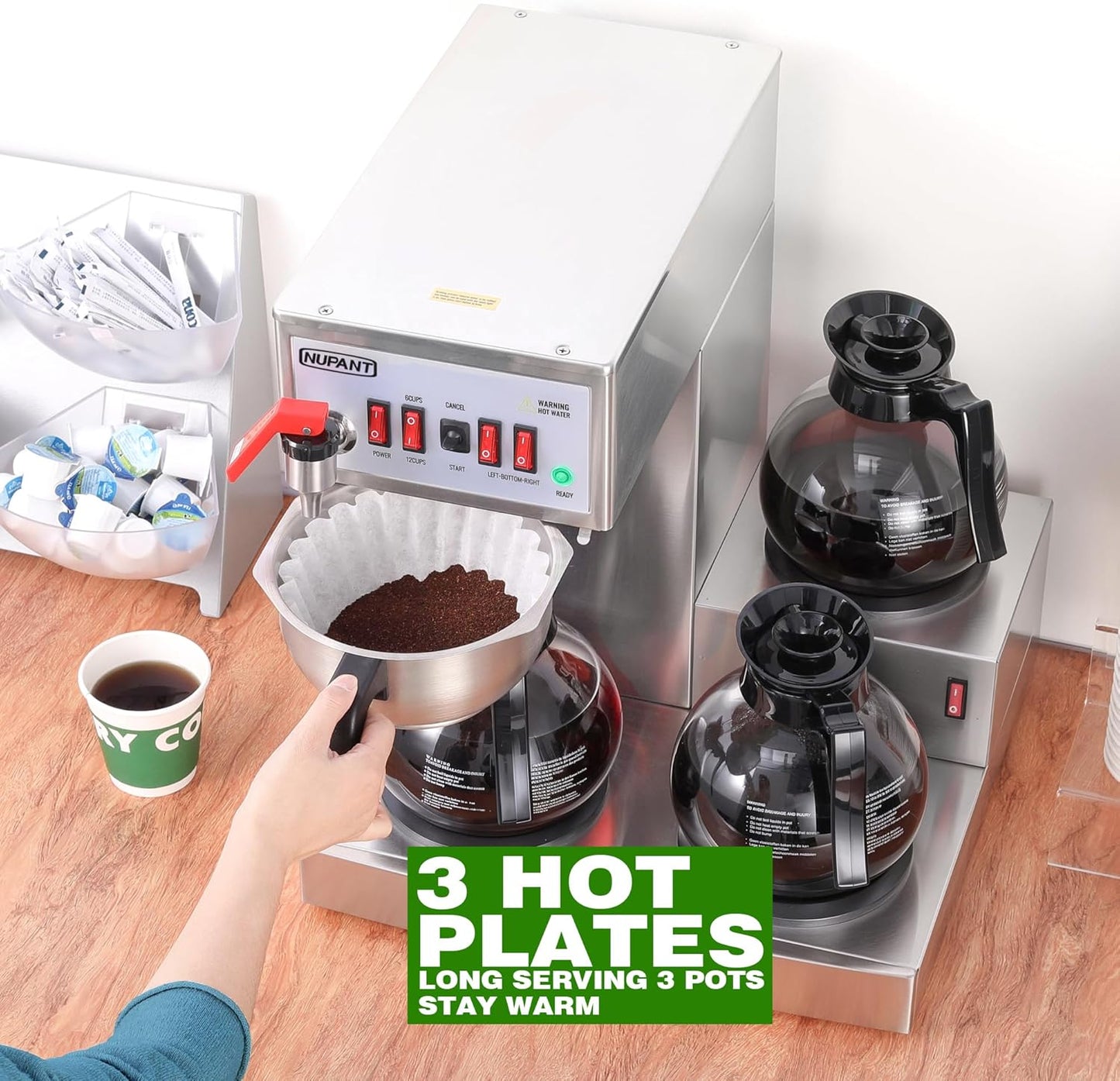 12 Cup Commercial Coffee Maker Auto Filling Drip Coffee Maker Machine with 3 Glass Carafes 3 Warmers Stainless Steel Pour Over Coffee Brewer with Hot Water Dispenser for Restaurant Office Cafe