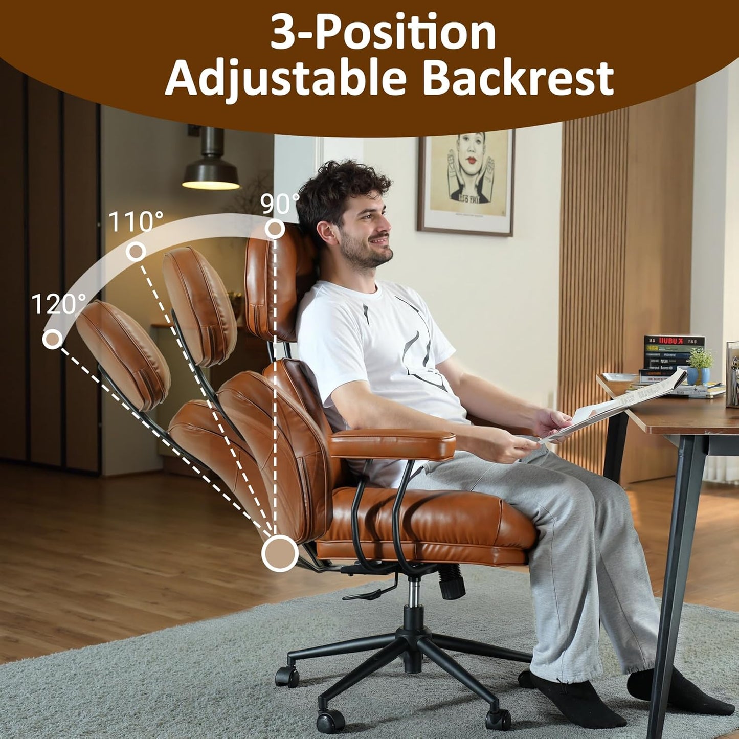 Faux Leather Executive Office Chair - Big and Tall Ergonomic Home Office Chair,Reclining Computer Desk Chair with Lumbar Support,Adjustable Task Chair Swivel Rolling PC Chair with Wheels,Browm,PU