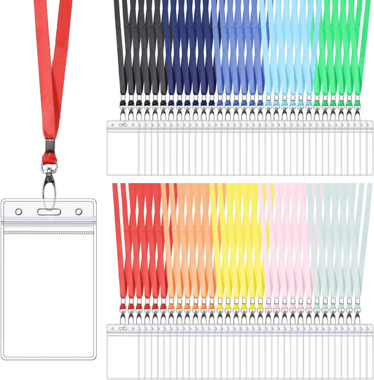Fumete 100 Sets Name Tag Lanyards with ID Badge Holder Durable Clear Cruise Teacher Lanyards with Plastic Waterproof ID Badge Holders Bulk for Adults Teacher School Office Ship Cards(Bright Color)