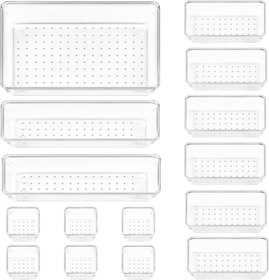 Vtopmart 15 PCS Clear Plastic Drawer Organizers Set, 4-Size Versatile Bathroom and Vanity Organizer Trays, Non-Slip Storage Containers for Makeup, Jewelries, Bedroom，Kitchen Utensils and Office