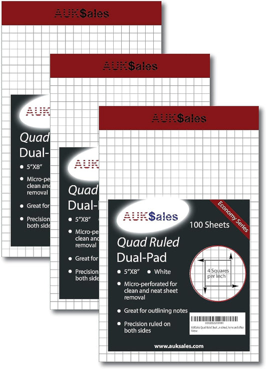 Grid Paper Pad 5x8 Inches, Graph Paper Pad 4x4, Grid Notepad, 3 Pack, 5x8 Graph Paper 1/4 Grid, Graphing Paper, Engineering Pad, 100 Sheets 200 Pages Perforated Pad for School, Home, & Office