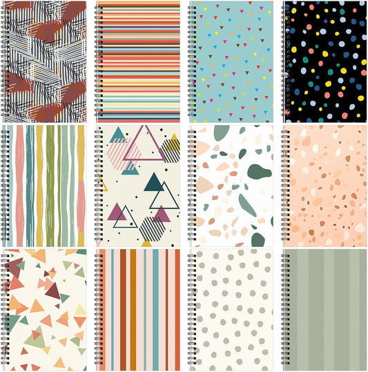 Fuutreo 12 Pcs Spiral Notebook for Work A5 8.3 x 5.7 Inch College Ruled Spiral Journal Notebook Kraft Cover Ruled Paper, 12 Color, 60 Sheets, 120 Pages for Office School(Retro Geometry)