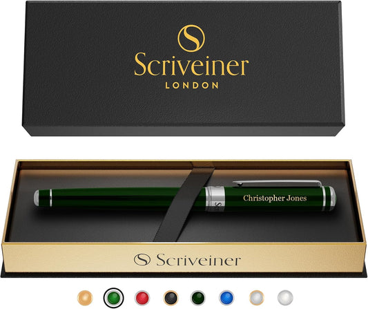 Scriveiner Personalized British Racing Green Pen - Stunning Green Lacquer Luxury Pen with Chrome Finish, Schmidt Ink Refill, Best Engraved Roller Ball Gift Set for Men & Women, Custom Name Engraving