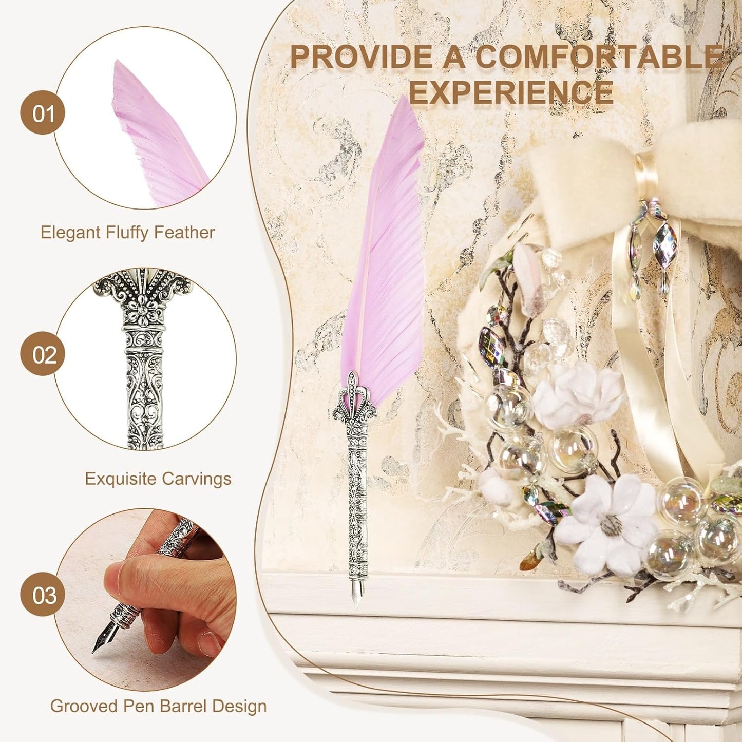 PATIKIL 26.5cm/10.4" Calligraphy Feather Quill Pen, Vintage Feather Dip Pen with 5 Replacement Nibs for Calligraphy Writing Wedding Office Gifts, Light Purple