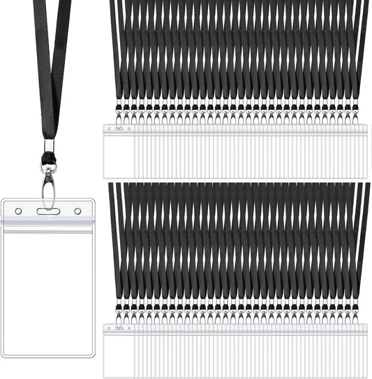 Fumete 100 Sets Name Tag Lanyards with ID Badge Holder Durable Clear Cruise Teacher Lanyards with Plastic Waterproof ID Badge Holders Bulk for Adults Teacher School Office Ship Cards(Black)