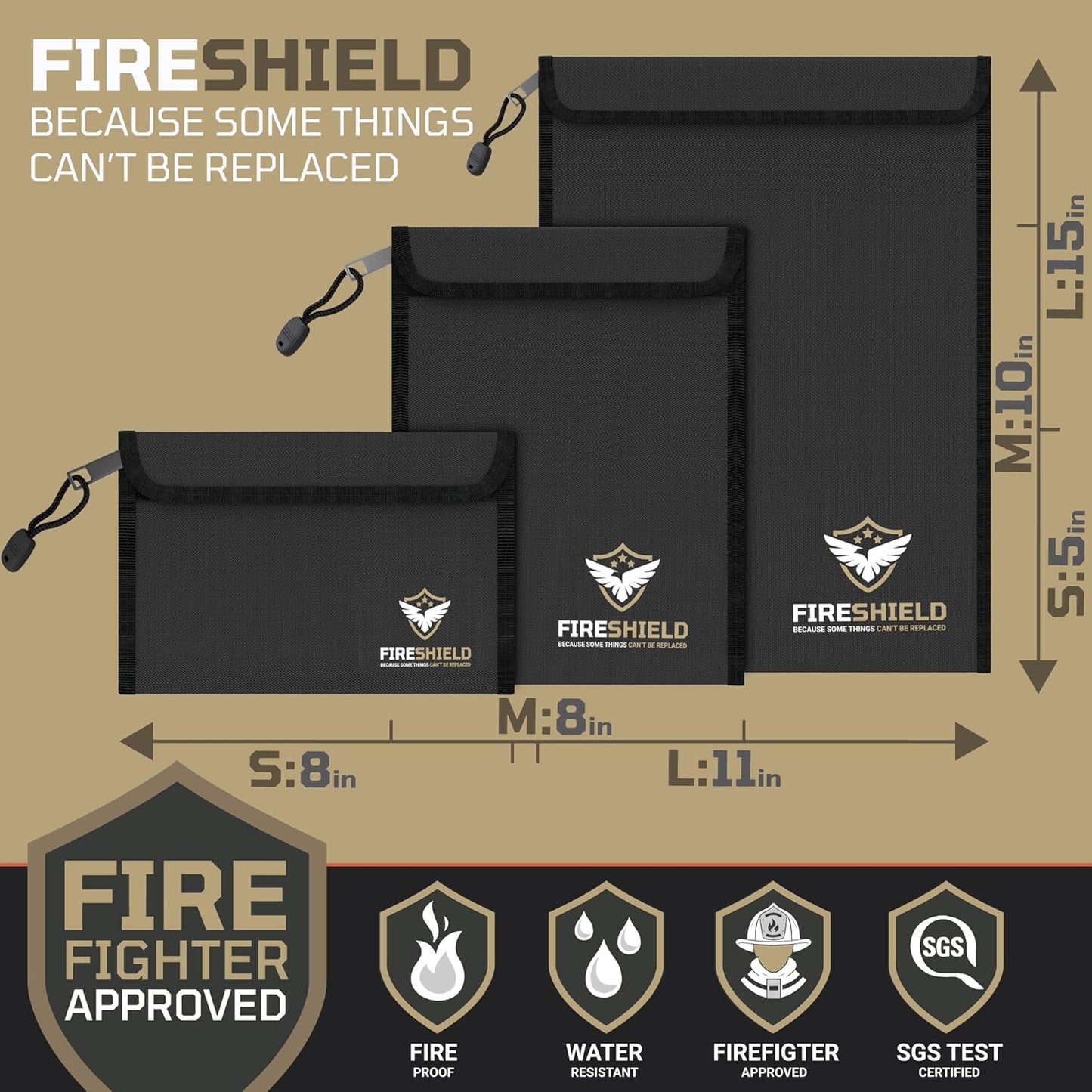 FIRESHIELD PRO Upgraded 2000°F Fireproof Document Bag 3-Pack – Fire & Water Resistant Money Pouch for Cash – Safe Storage for Family Photos, Jewelry, Passport & Important Documents – Size: S, M & L