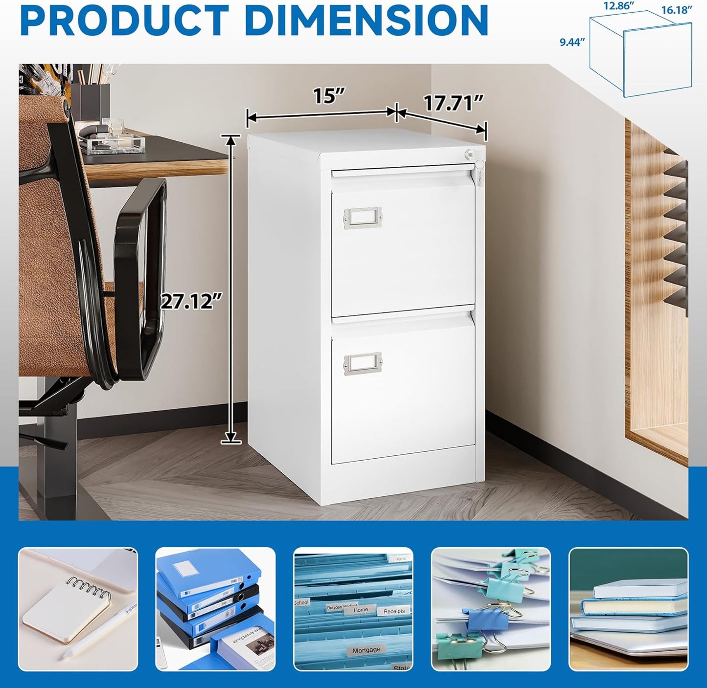 2 Drawer File Cabinet with Lock Metal Vertical Filing Storage Cabinet Office Home Steel Vertical File Cabinets for A4 Legal/Letter Size Narrow File Cabinet Locked,Assembly Required