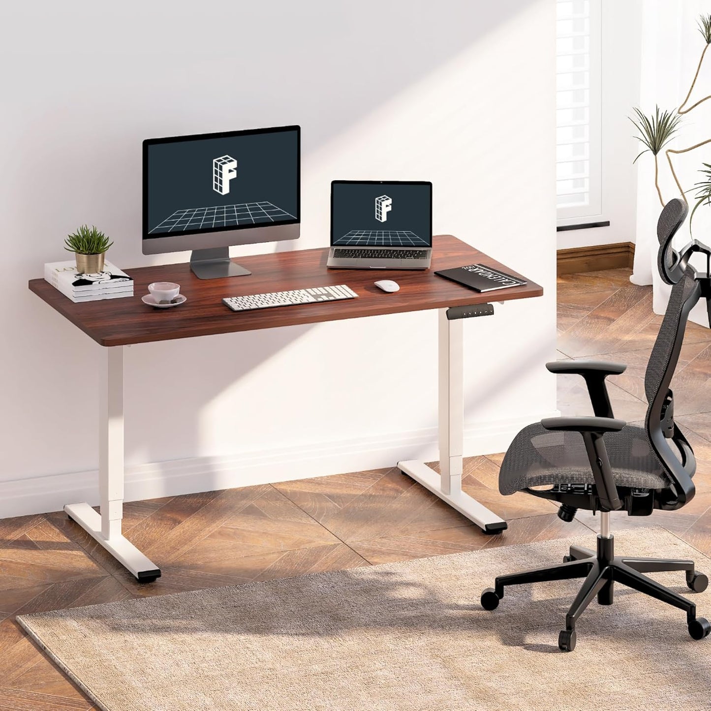 FLEXISPOT E6 Essential 3 Stages Dual Motor Electric Standing Desk 48x24 Inch Whole-Piece Board Height Adjustable Desk Electric Sit Stand Desk(White Frame + Mahogany Desktop, 2 Packages)