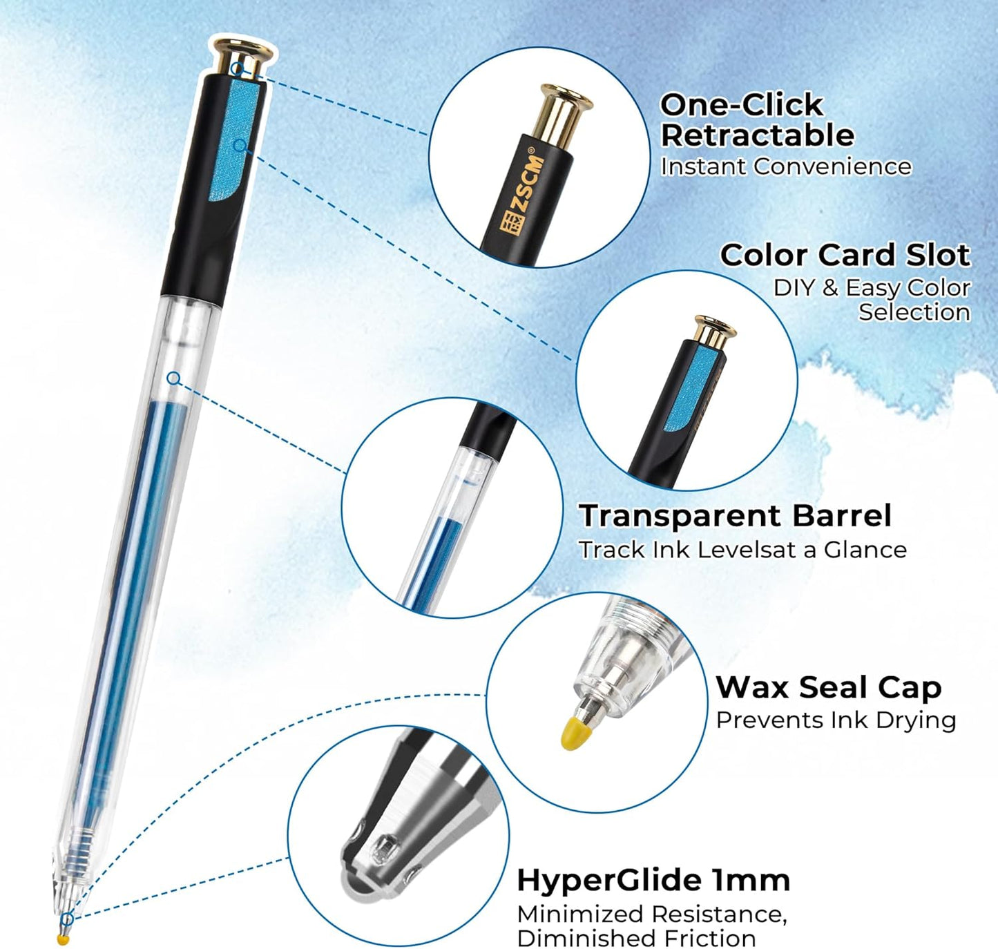 Retractable Glitter Gel Pens, 12 Colors Large Capacity Blue Glitter Metallic Gel Ink Pen, 1 mm Fine Point Smooth Writing Color Pens for Adult Coloring Book Note Taking Aesthetic Art Supplies