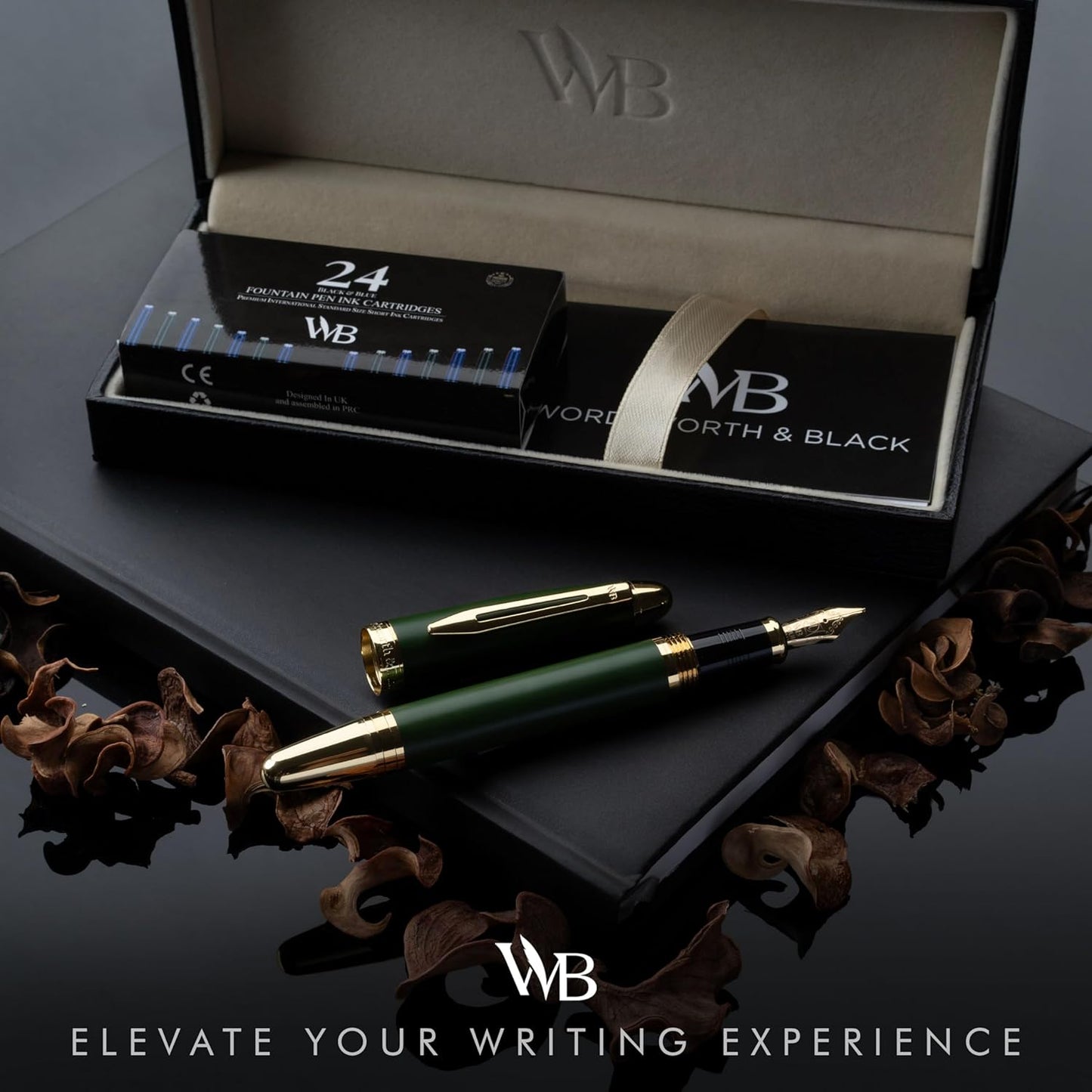 Wordsworth & Black Majesti Fountain Pen-(Green), Luxury Case, 24K Gold Finish; 18K Gilded Medium Nib- Ink Cartridges, Refillable Ink Converter-Calligraphy Pen-Best Business Gift Set for Men & Women