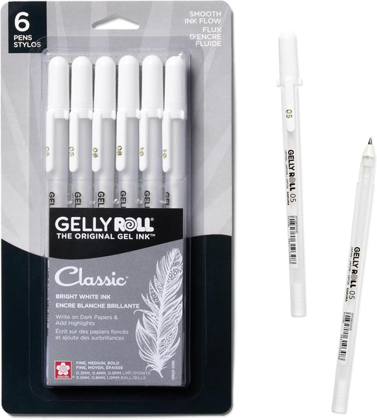 SAKURA Gelly Roll Gel Pens - Fine, Medium & Bold Tip Ink Pens for Journaling, Art, or Drawing - Classic White Ink - 05/08/10 Assorted Tip Sizes - 6 Pack