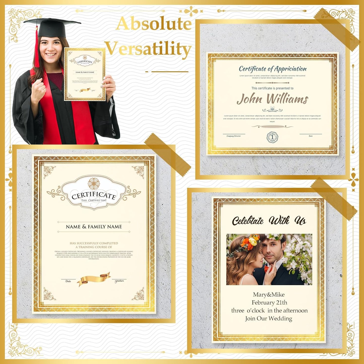 150 Sheets Certificate Paper 8.5 x 11 for Printing Blank Award Certificate for Graduation Diploma Achievement Participation Award Document(Gold)