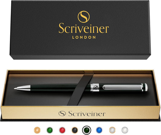 Scriveiner Black Green Ballpoint Pen - Black Green Luxury Pen, Chrome Finish, Schmidt Black Refill, Best Ball Pen Gift Set for Men & Women, Professional Executive Office, Nice Designer Pen